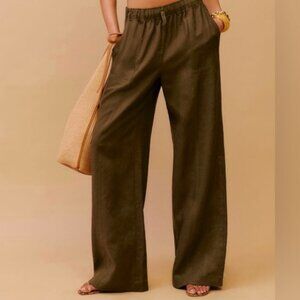 NWT Reformation Declan Linen Pants in Dark Olive, Size Large
